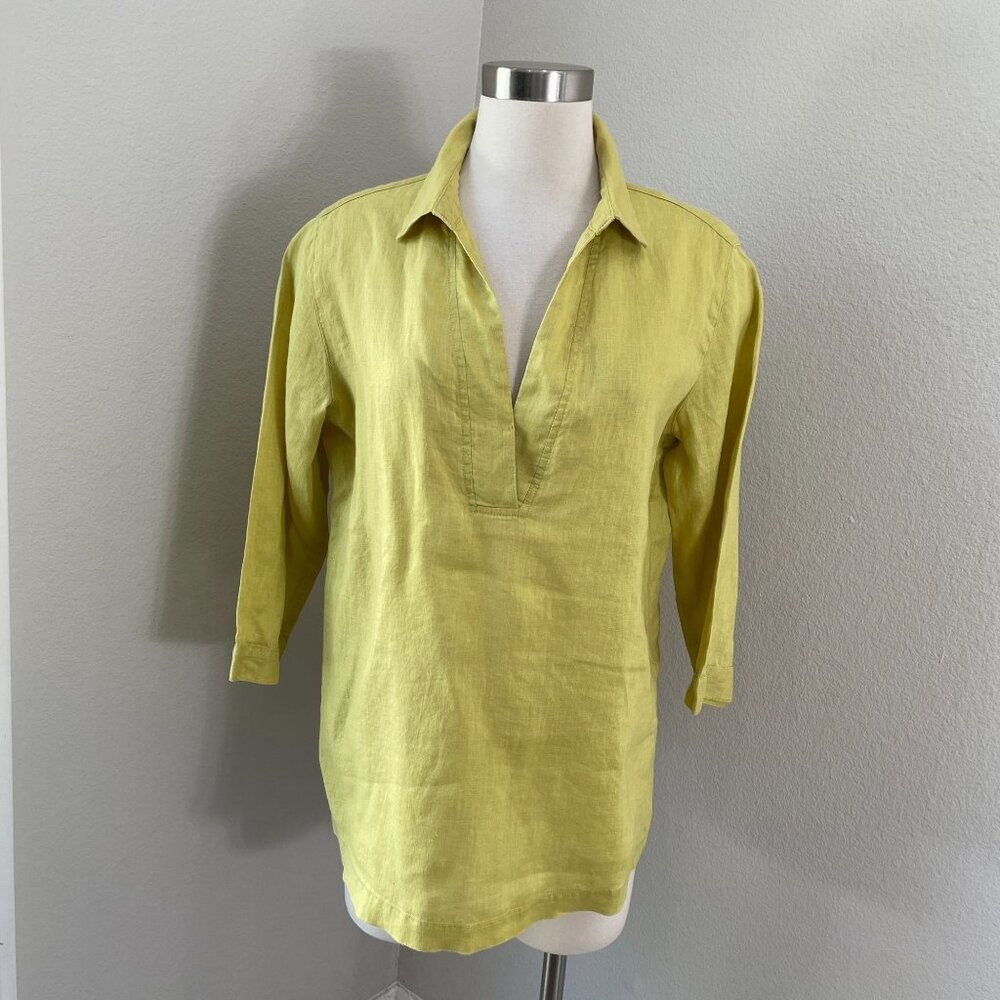 Tahari Womens Large 100% Linen‎ Blouse Mustard Yellow 3/4 Sleeve Pullover Shirt